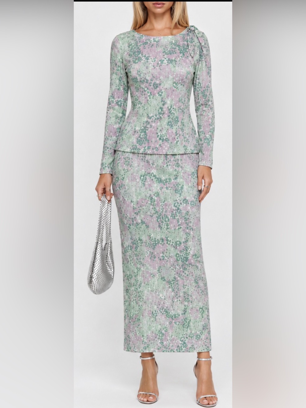 Etcetera Pure Silk Floral Tie-Neck Long Sleeve Top & Skirt